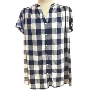 Isabel Maternity Short Cuff Sleeve Button V Neck Blue Plaid Med